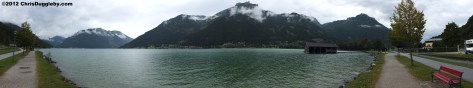 Achensee Lake landscape view from the south shore footpath on a rainy day Achensee Lake landscape view from the south shore footpath on a rainy day