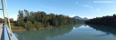 View of Austrian Alps from bridge near the Inntal autobahn over river Inn View of Austrian Alps from bridge near the Inntal autobahn over river Inn