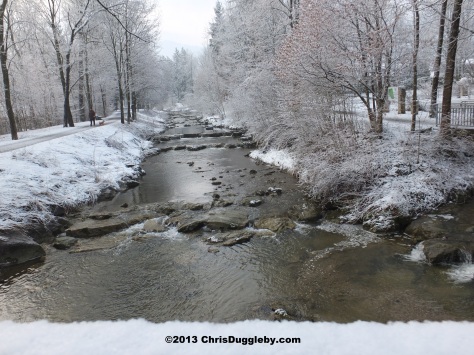 Beautiful Alpine river scene captured during the April snow as we trek back from the recycling centre