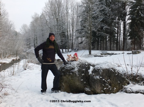 Author with RISKKO the 'Envirodog' and his pal the Alpine Bear after an exciting winter trip to the recycling centre in Bad Feilnbach, Bavaria