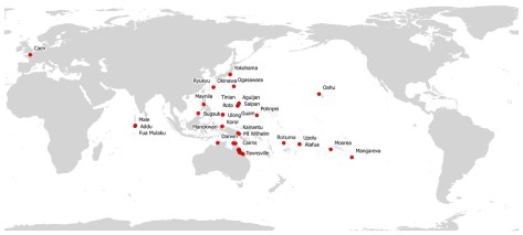 Invasive Alien Species Flatworm Platydemus manokwari sightings so far (March 2014) . Map by courtesy of Jean-Lou Justine and coworkers